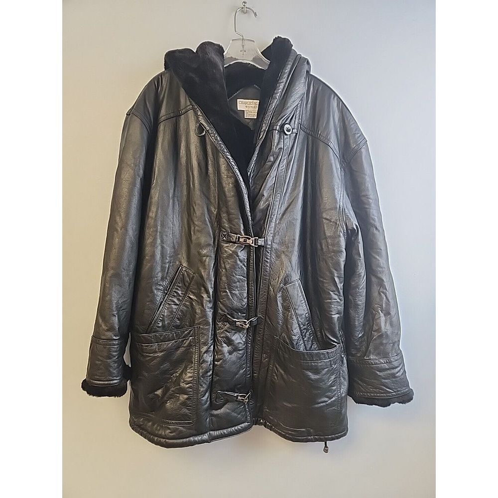 Charles Klein Ladies Black Leather Hooded Jacket - Black Plush Pile Lined‎ XL